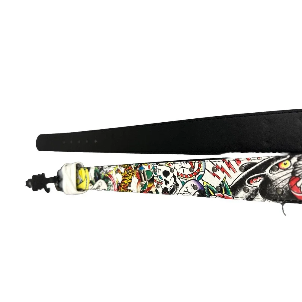 Ed Hardy Men's Skull Tiger Panther Print Belt With Hammered Rivet Studs SZ 42 NW